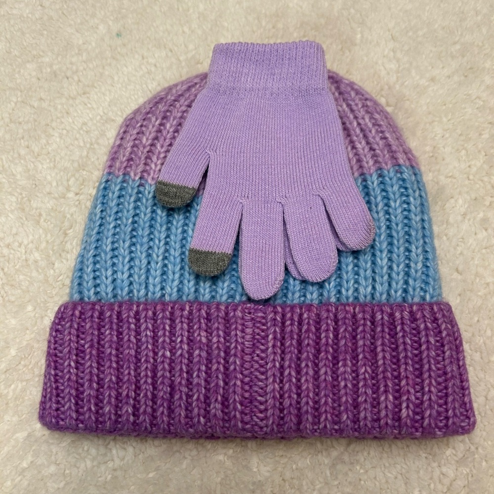 Kids Purple and Blue Knit Hat and Glove Set